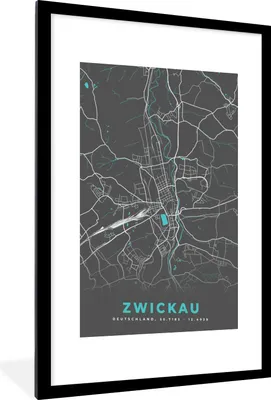 Produktbild von MuchoWow® Gerahmtes Poster Deutschland - Blau - Zwickau - Stadtplan - Karte 60x90 cm - Poster mit Schwarzem Bilderrahmen Wandposter Rahmen Foto Bilder - Dekoration - Wandposter Wohnzimmer - Hochwertig