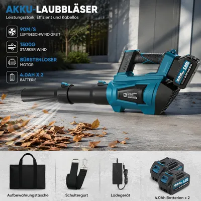 Produktbild von Akku Laubbläser 90m/s &6 Geschwindigkeitsstufen Elektrischer Laubgebläse mit 2 x 4,0 Ah Akku und Ladegerät,für Rasenpflege, Hof, Garage, Blätter