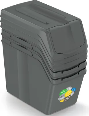 A stack of three gray recycling bins shown from a slightly elevated angle against a white background.
