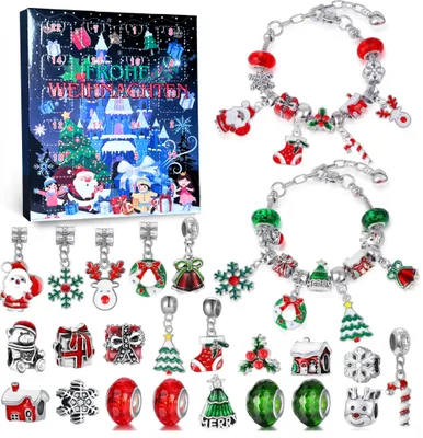 A Christmas-themed advent calendar and two charm bracelets with various Christmas-themed charms.