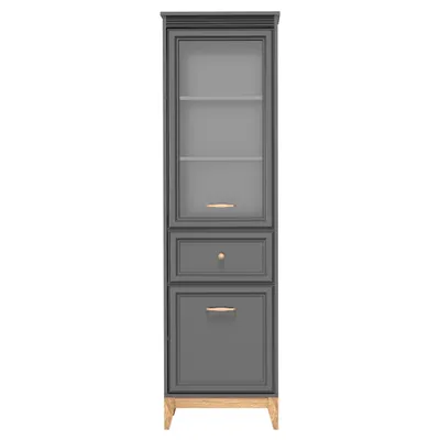 Produktbild von AX LIVING Vitrine Nymphen Dunkelgrau schmal Glas 2 Türen 1 Schublade MDF Eiche Beine