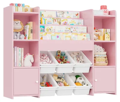 Produktbild von Spielzeugregal Kinder - Spielzeug Aufbewahrungsschrank - 8 Herausnehmbare Boxen - 4-stöckiges Bücherregal - Holz - 119x29,5x94 cm - Rosa