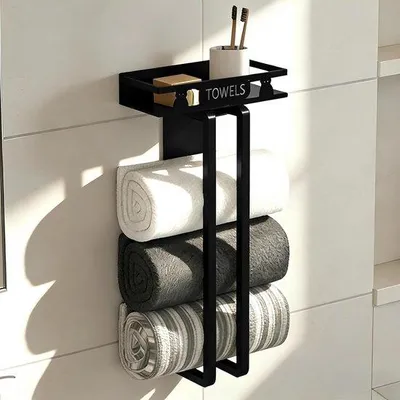 Obrázek produktu pro Držák na ručníky do koupelny, 40 cm - Černý, držák na ručníky bez nutnosti vrtání - Držák na ručníky s poličkou - Vysoce kvalitní ocel - Vhodný do koupelny