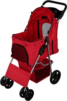 Produktbild von Hundewagen Klappbarer Buggy | bis 15kg | 4 Räder: 2x 360° 2x Bremsen | Für Tiere Hunde Katze | Mit Karabinerhaken Netzfenstern Abnehmbar Kissen Aufbewahrungskorb Getränkehalter & Regenschutz [Rot]