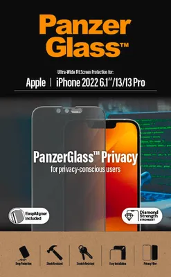 Zdjęcie produktu dla Szkło hartowane PanzerGlass Ultra-Wide Fit antybakteryjne prywatyzujące z pozycjonerem na iPhone 14 / 13 Pro / 13