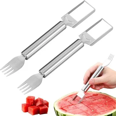 Produktbild von Ibenzoa® 3‑in‑1 Melonenschneider-Set zum Schneiden & Servieren – 3‑teilig, Edelstahl & PP, Maße: 22,3×7 / 20,1×2,8 / 16,8×2 cm, Küche & Party