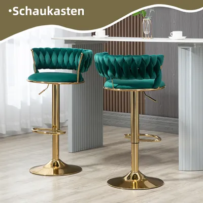 Produktbild von Abrihome 2er Set Barhocker, Grün, Samt, Massivholz & Eisen, gepolstert, drehbar, höhenverstellbar, mit Rückenlehne & Fußstütze, Rückenlehne mit Aussparung, goldfarbener Standfuß (max. 150kg), Maße 46B x 54T x 78.5-97H cm, Sitzhöhe 60-79.5H cm