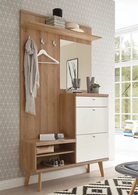 Produktbild von Lomadox Garderobe MAINZ-61, Retro Design, weiß matt, Eiche Riviera Nachbildung, 110x200x34 cm, mit 3D-Touchwood-Struktur, 1 Schublade, 2 Klappen, 1 Hutablage, 3 Haken, Spiegel und 2 offene Fächer