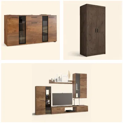 Productafbeelding van ANMIL SET NR4 Eikenhout, Lefkas: Moderne meubelsset met wandmeubel, dressoir en garderobekast