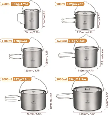 Zdjęcie produktu dla TOMSHOO Titanium Pot 750ml/900ml/1100ml/1600ml/2000ml/2800ml Ultralekki wiszący garnek z pokrywką i składanym uchwytem Outdoor Camping Backpacking Cooking Picnic