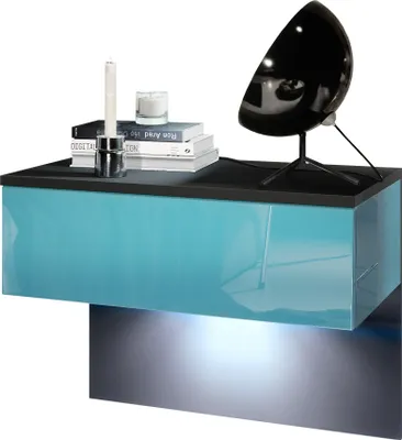 Produktbild von Vladon Nachttisch Sleep,  Germany, Nachttischschrank mit Schublade zur Wandmontage, Schwarz matt/Petrol Hochglanz, inkl. LED-Beleuchtung (60 x 46 x 35 cm)