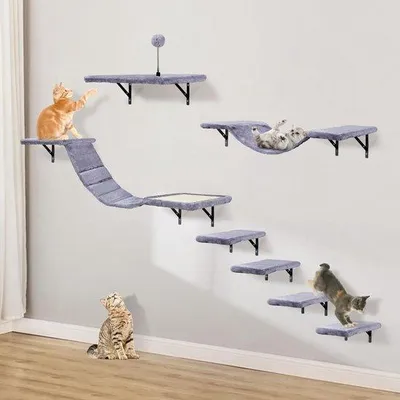 Produktbild von Famanu Katzen-Klimawandset mit Kratzbaum-Hängematte, Katzenhöhle, Katzenbrücke, Kratzbrett und Kratzbaum - 7-teiliges Holz-Katzenmöbel (Grau)