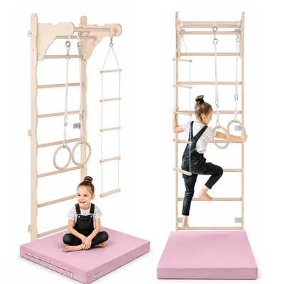 Produktbild von Gymnastik-Sprossenwand für Kinder (210 cm) | Wandmontierte Holzleiter | Kletterleiter für Kinder | Turnringe | Schutzmatte | Kletterseil | 100% ECO