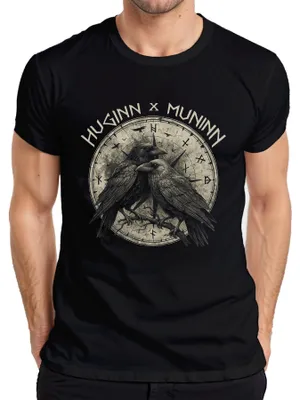 Produktbild von Huginn Muninn Wikinger Raben Odin Vegvisir Runen Gothic Nordisch Herren T-Shirt, Schwarz, 3XL