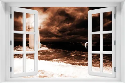 Produktbild von Wallario selbstklebendes Poster mit Fenster-Illusion - Abstrakter Leuchtturm im Wasser bei stürmischer See, Größe: 61 x 91,50 cm