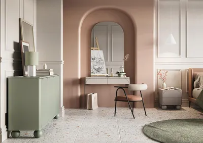Produktbild von Schlafzimmer-Set in Beige und grün matt mit Sideboard, Schminktisch, Nachtkommode, grifflos, 3-teilig - SPLIT-141