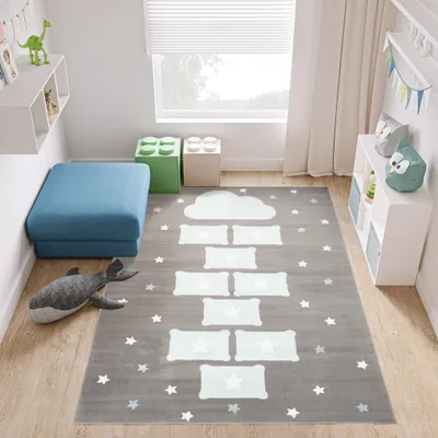 Produktbild von Teppich Kinderzimmer Schlafzimmer Jugendzimmer Kurzflor Modern Design Grau Weiß Blau Sterne Wolke 140 x 200 cm