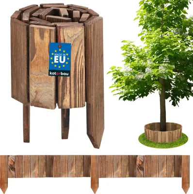 A collage of wooden garden edging products, including a tree surround and a roll of edging, with a tree in the background.