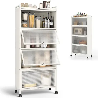 A white, multi-tiered storage shelf with transparent doors, filled with various kitchen items and containers.