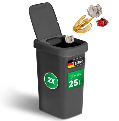Zdjęcie produktu dla Novaliv 2x kosz na śmieci 25L z pokrywą 2w1, pokrywą na zawiasach i pokrywą uchylną, antyzapachowy kosz na śmieci do kuchni gospodarstwa domowego biura, kosz na śmieci plastikowy kosz na śmieci tona