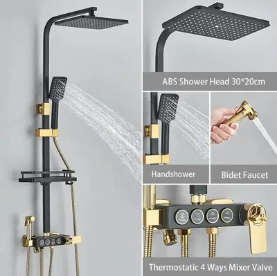 Produktbild von Regendusche-Set - Thermostat-Duschsystem - Digitalanzeige - Wandmontage - Gleitschiene - Messing & 304 Edelstahl - Schwarz/Gold