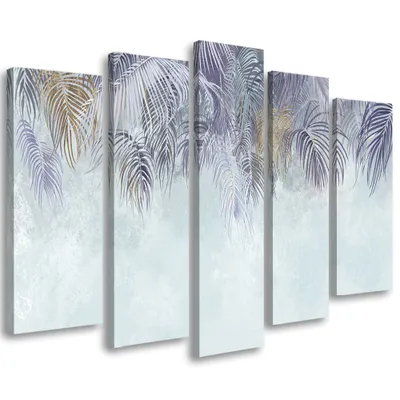 Produktbild von 5-teiliges leinwandbild palmenblätter 150x100 cm Feeby lila wandbild bereit zum aufhängen