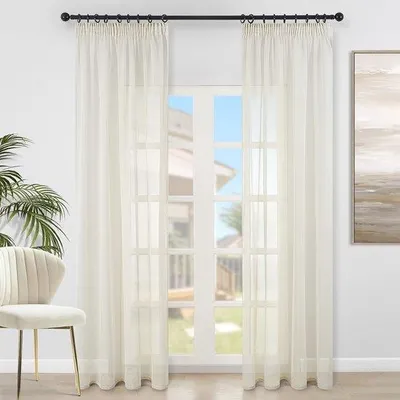 Productafbeelding van Transparante Gordijnen met Plooiband - Effen Beige Set van 2 - 140 x 245 cm voor Woonkamer en Slaapkamer