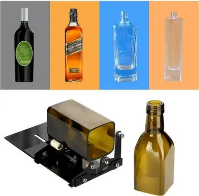 A collage of different glass bottles and a glass bottle cutter.