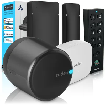 Obrázok produktu pre Tedee GO2 Alu s Bridge, Keypad PRO a senzorom dverí – Inteligentný zámok na dvere, WiFi, odtlačok prsta, vzdialený prístup | Matter, Apple HomeKit