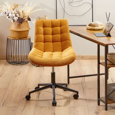 Produktbild von Drehstuhl VASILO mit Cordstoff, Gelb - Schreibtischstuhl höhenverstellbar mit Stoffbezug, bequem gepolstert, Metallgestell mit 5 Doppelrollen für Schlafzimmer, Büro oder Homeoffice