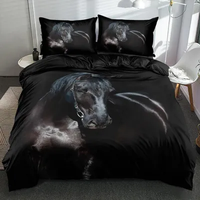 Zdjęcie produktu dla Komplet pościeli 3-częściowy, 220x240 cm, czarny, z motywem 3D konia, wykonany z mikrofibry, z zamkiem błyskawicznym