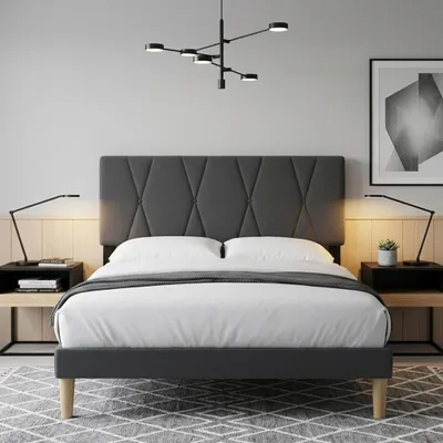 Zdjęcie produktu dla Łóżko Bealife z tapicerowanym wezgłowiem, podwójne, 140x200 cm, rama łóżka z regulowaną wysokością wezgłowia, stelaż łóżka z listew, kolor szary, model BF55