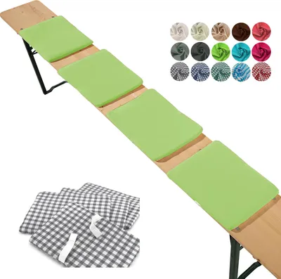 A collection of images showing seat cushions in various colors and patterns, with some cushions placed on a wooden bench.