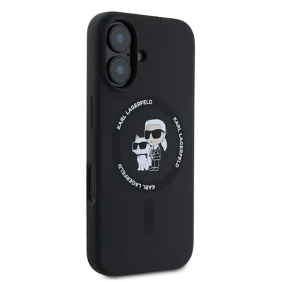 A black iPhone case with a Karl Lagerfeld and Choupette graphic.