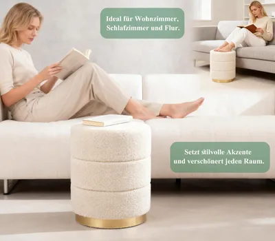 Produktbild von runder Sitzhocker aus Teddy-Stoff, Ø 38 x 45 cm, Beige