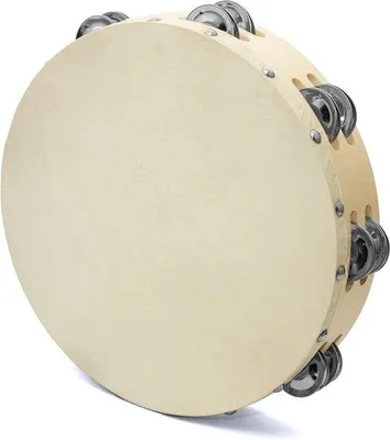 Productafbeelding van Handgemaakt tamboerijn met natuurlijk vellenvlies - 20 cm - dubbele rij - percussie-instrument