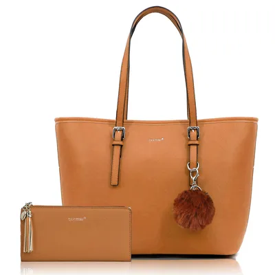 Produktbild von Shopper Handtasche Damen mit Geldbörse und Schlüsselanhänger Groß Damen Handtasche, Geschenke für Frauen in schlichter Optik (Dunkelbraun)