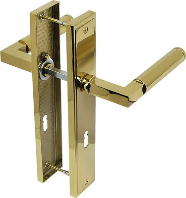 A polished brass door handle set with a backplate and keyhole.