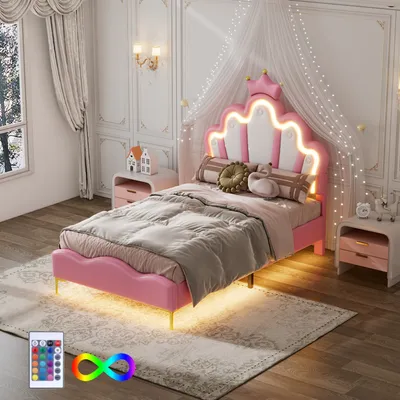 Produktbild von Flieks Polsterbett 90x200cm mit Lattenrost, Kinderbett mit Kronenförmigem Kopfteil, Jugendbett Einzelbett mit Led, Prinzessinnenbett Holzbett, PU