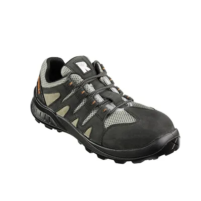 A single black and gray safety shoe is shown against a white background.