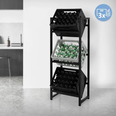 A three-tiered metal shelf unit holding three crates of beverages, with a kitchen counter and stool visible in the background.