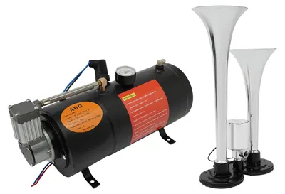 Image de Compresseur d'air avec réservoir - Modèle ON-688 - Pour kits de klaxons de camion et de train - Matériaux : fer, cuivre, argent - Couleur : noir