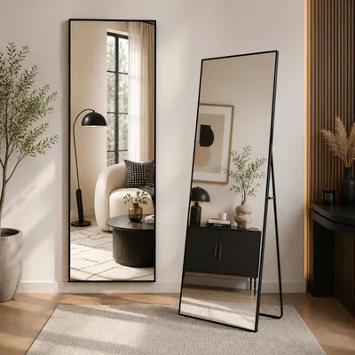 Produktbild von INONEFT Ganzkörperspiegel 177×77 cm, Quadratischer Standspiegel, Wandspiegel, Hängend oder Lehnend an die Wand, für Schlafzimmer Wohnzimmer, Schwarz, KI-generiertes Bild