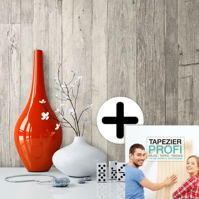 Produktbild von NEWROOM Tapete Beige Vliestapete Holzbalken - Holzwand Landhaus Creme Grau Holz Streifen Naturholz Vintage Holzpaneele
