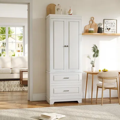 Image de Armoire INONEFT avec portes battantes, meuble de salle de bain haut avec 2 tiroirs, meuble de rangement avec étagères réglables, meuble de cuisine, bois, blanc