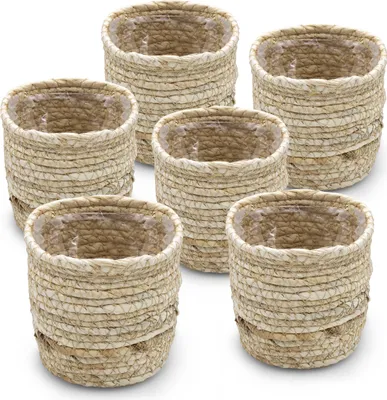 Produktbild von Kleine Pflanztöpfe mit Folie aus Stroh - ca. 10x10 cm / 6er Set - Pflanztopf natur