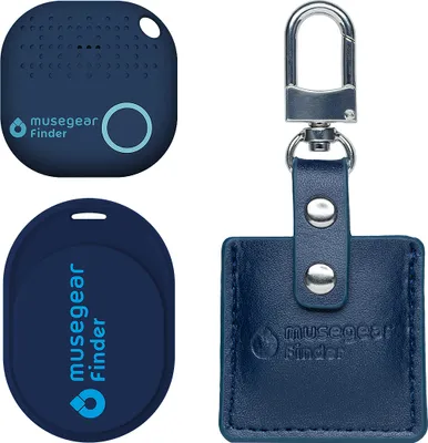 Produktbild von musegear® Essentials: Schlüsselfinder mit Bluetooth App aus Deutschland I Special Bundle: Finder 2 dunkelblau, Finder Mini dunkelblau, Finder 2 in Ledertasche Navy Blue I Maximaler Datenschutz