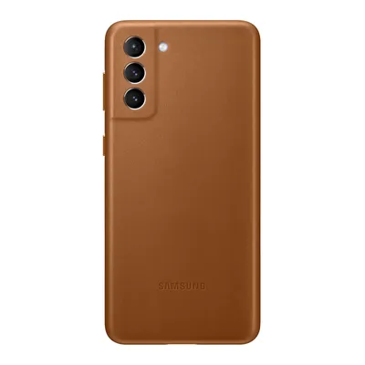 The back of a brown Samsung phone case with a camera bump.