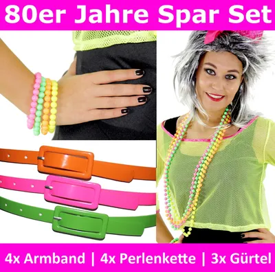 Produktbild von 80er Jahre Neon Spar Set - 11-teilig 3x Gürtel 4x Perlenkette 4x Armband für Damen neonfarbene Kostüm Zubehör 80s