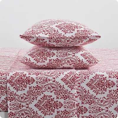 Imagen del producto de Inicio | Colección Damast | Juego de sábanas de franela de algodón cepillado, color rojo y blanco, suave y acogedor, completo, de 4 piezas
